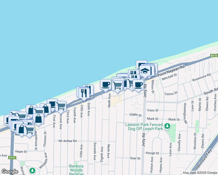 map of restaurants, bars, coffee shops, grocery stores, and more near 932 Point Nepean Road in Rosebud