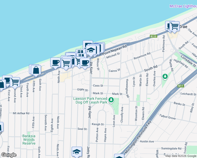 map of restaurants, bars, coffee shops, grocery stores, and more near 21 Morgan Street in Rosebud