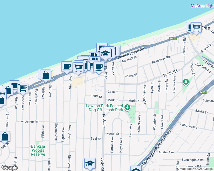 map of restaurants, bars, coffee shops, grocery stores, and more near 25 Jetty Road in Rosebud