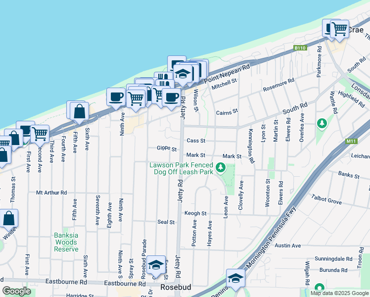 map of restaurants, bars, coffee shops, grocery stores, and more near 41 Jetty Road in Rosebud