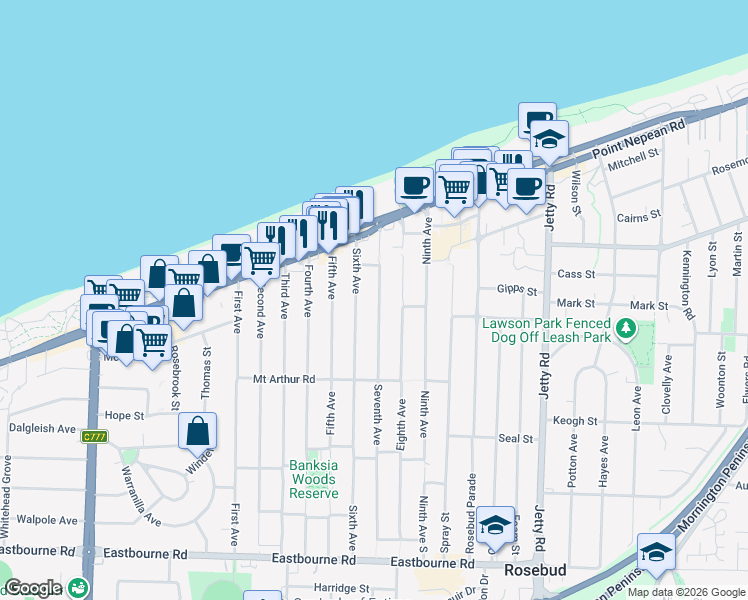 map of restaurants, bars, coffee shops, grocery stores, and more near 36 Seventh Avenue in Rosebud