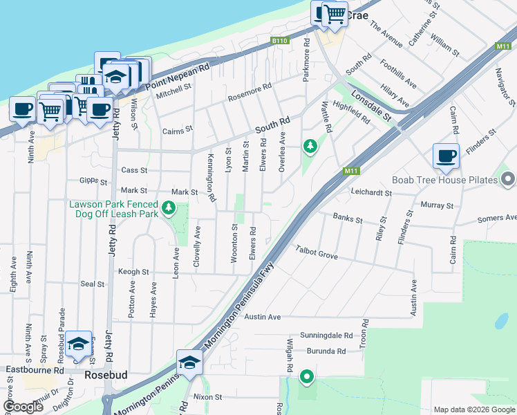map of restaurants, bars, coffee shops, grocery stores, and more near 2 Mountview Road in Rosebud