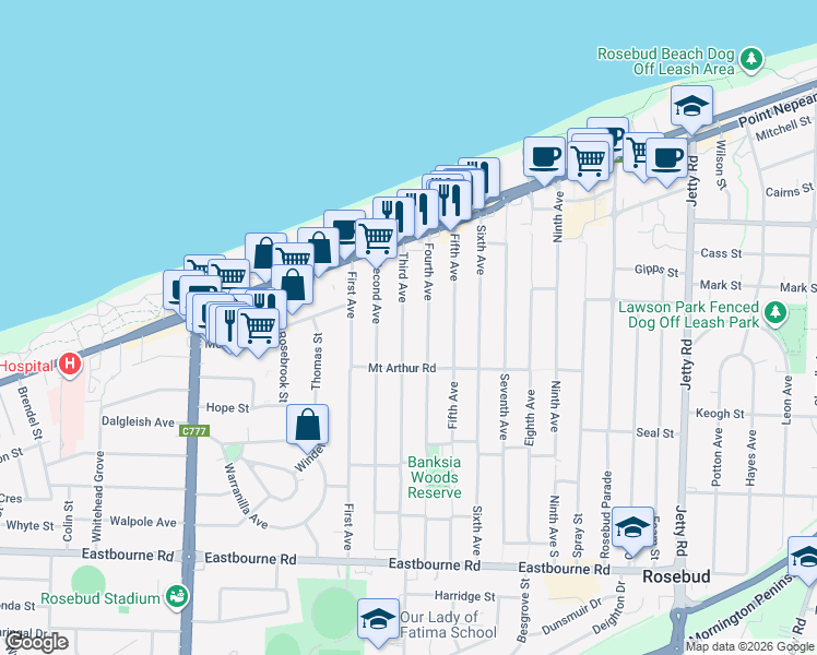 map of restaurants, bars, coffee shops, grocery stores, and more near 47 Third Avenue in Rosebud