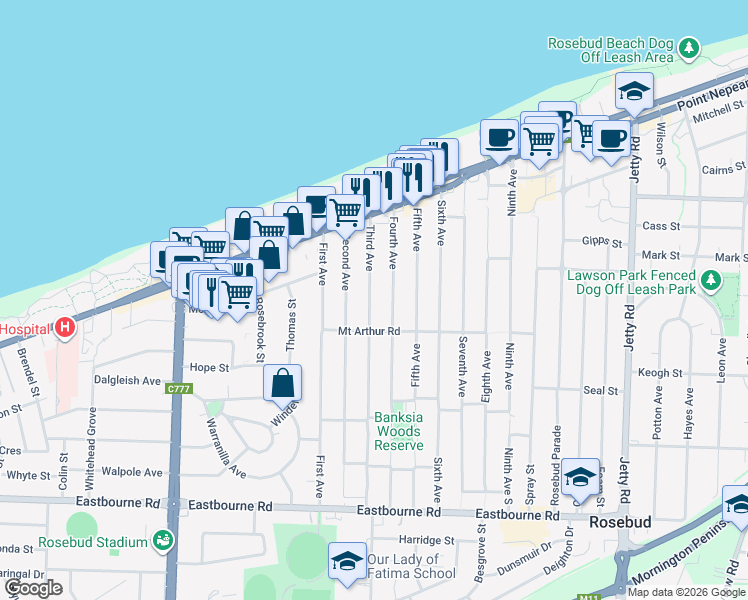 map of restaurants, bars, coffee shops, grocery stores, and more near 51 Third Avenue in Rosebud