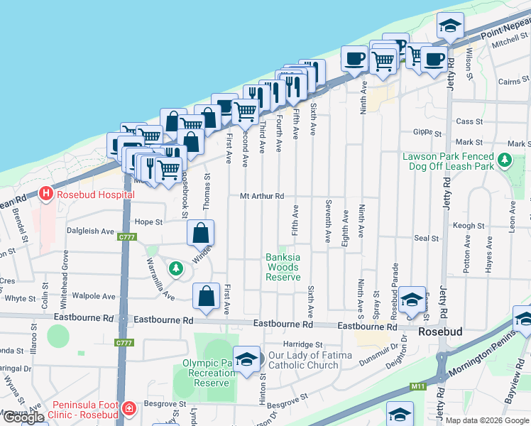 map of restaurants, bars, coffee shops, grocery stores, and more near 87 Third Avenue in Rosebud