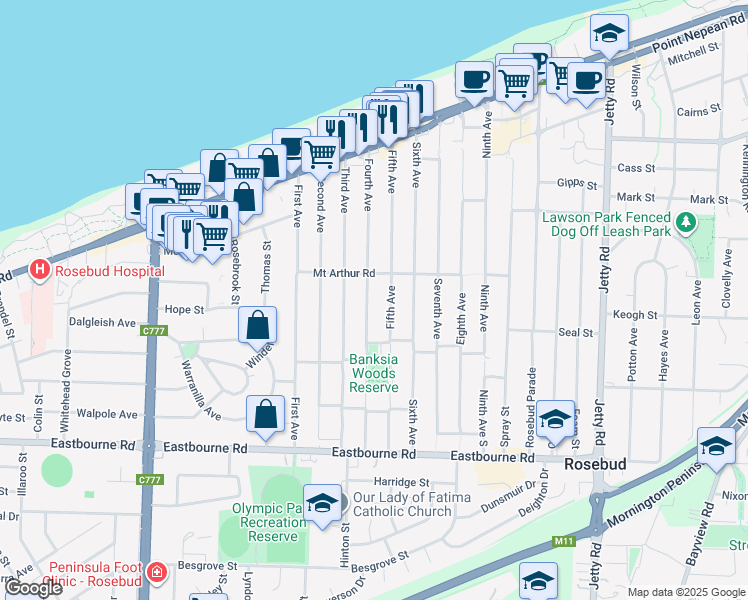 map of restaurants, bars, coffee shops, grocery stores, and more near 91 Fourth Avenue in Rosebud