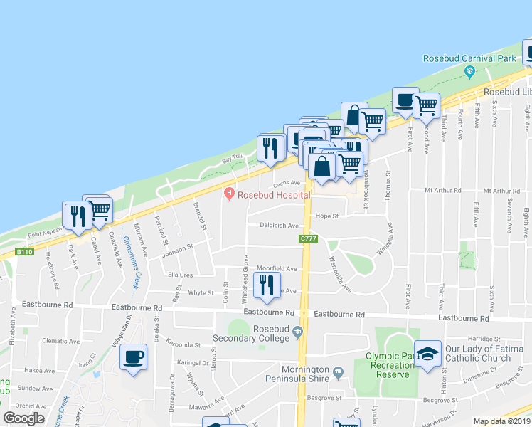 map of restaurants, bars, coffee shops, grocery stores, and more near 17 Marks Avenue in Rosebud