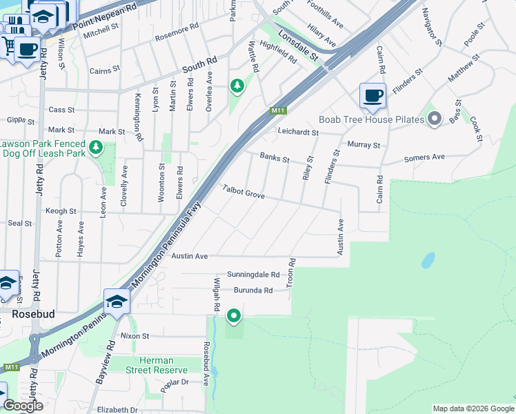 map of restaurants, bars, coffee shops, grocery stores, and more near 25 Armstrong Road in McCrae