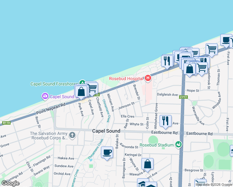 map of restaurants, bars, coffee shops, grocery stores, and more near 2 Percival Street in Rosebud West