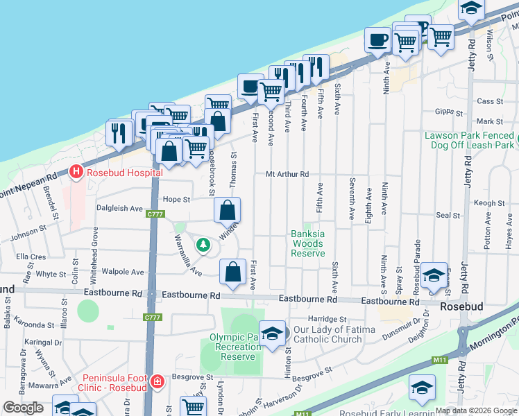 map of restaurants, bars, coffee shops, grocery stores, and more near 91 First Avenue in Rosebud