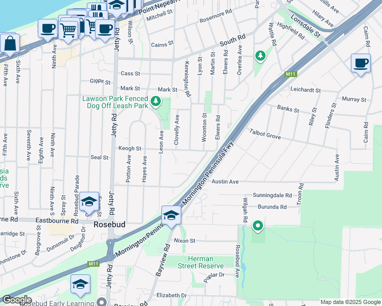 map of restaurants, bars, coffee shops, grocery stores, and more near 13 Keogh Street in Rosebud