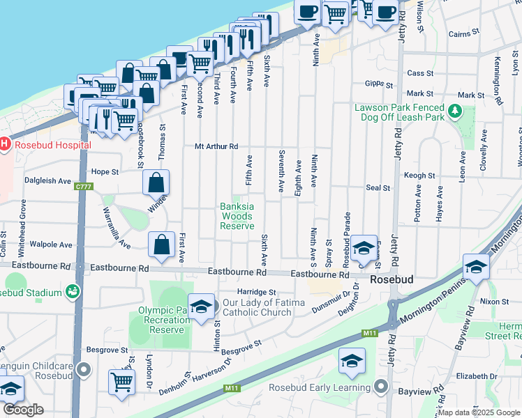 map of restaurants, bars, coffee shops, grocery stores, and more near 146 Sixth Avenue in Rosebud