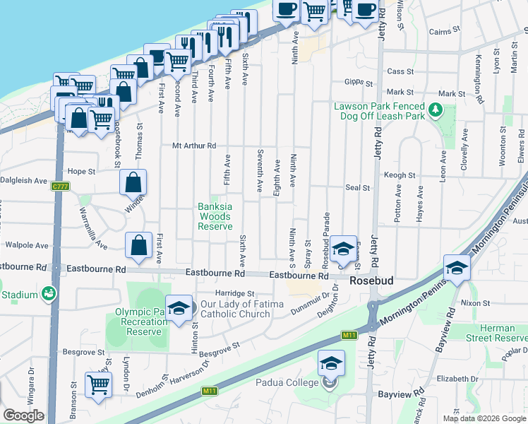 map of restaurants, bars, coffee shops, grocery stores, and more near 159 Seventh Avenue in Rosebud