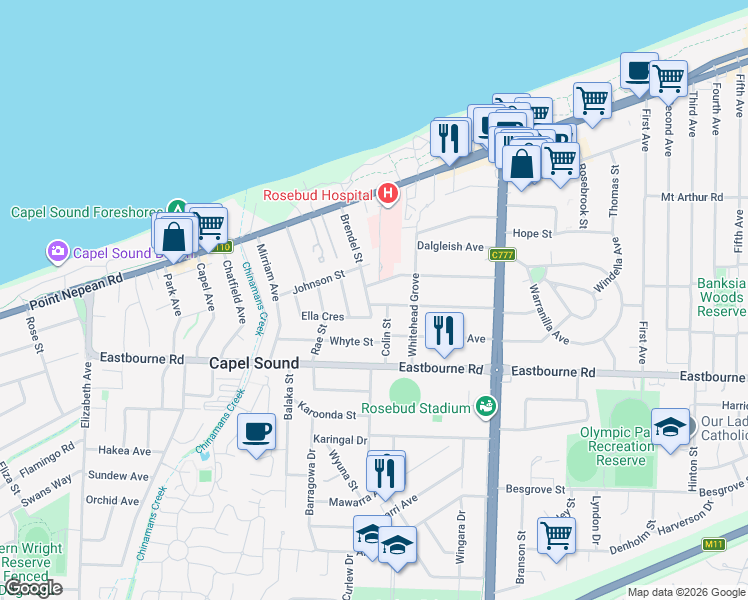 map of restaurants, bars, coffee shops, grocery stores, and more near 29 Brendel Street in Rosebud West