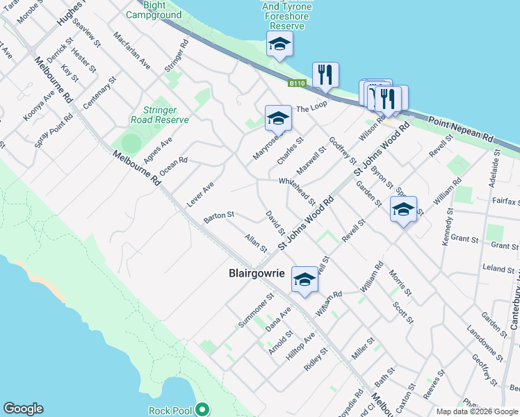 map of restaurants, bars, coffee shops, grocery stores, and more near 7 David Street in Blairgowrie