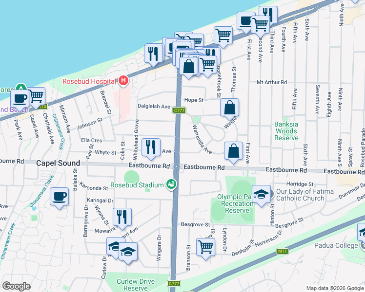map of restaurants, bars, coffee shops, grocery stores, and more near 61 Boneo Road in Rosebud