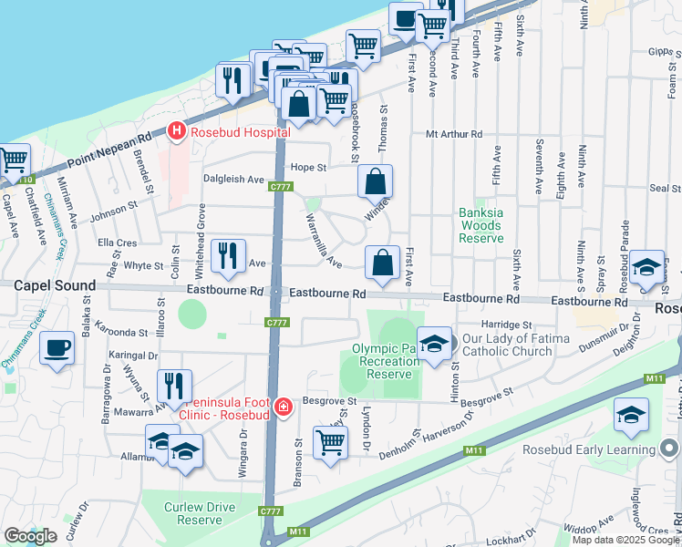 map of restaurants, bars, coffee shops, grocery stores, and more near 32 Warranilla Avenue in Rosebud