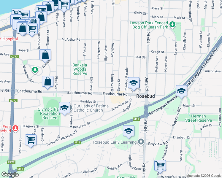 map of restaurants, bars, coffee shops, grocery stores, and more near 220 Eighth Avenue in Rosebud