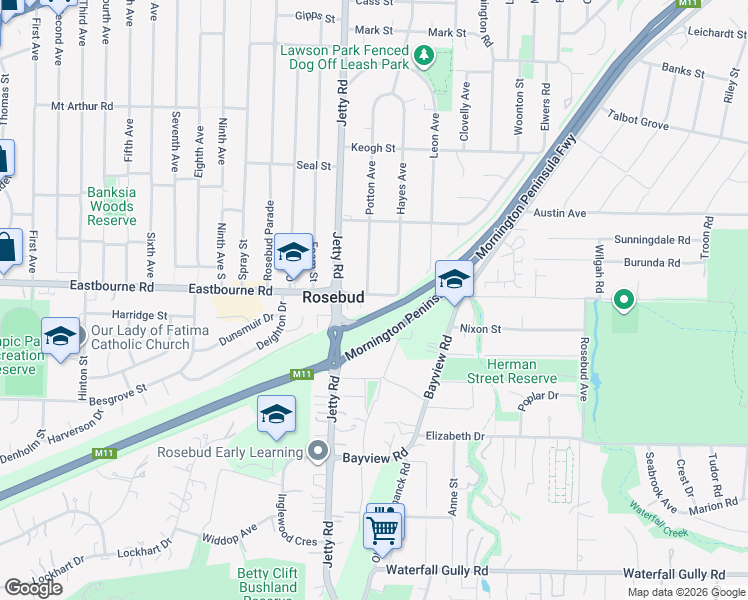 map of restaurants, bars, coffee shops, grocery stores, and more near 85 Eastbourne Road in Rosebud