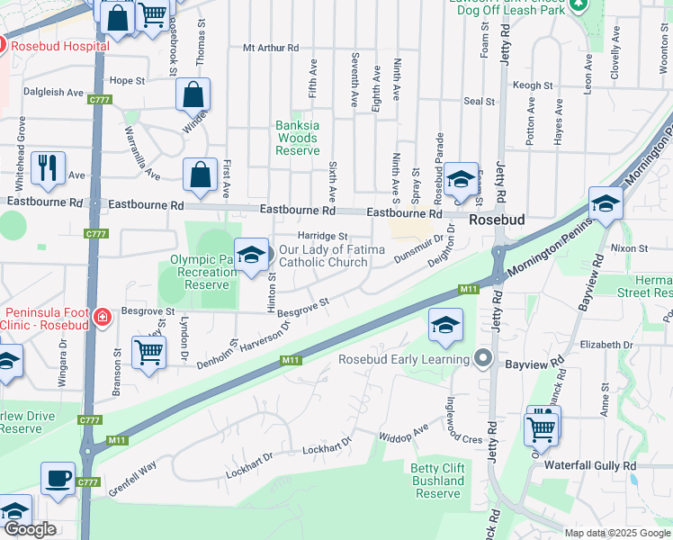 map of restaurants, bars, coffee shops, grocery stores, and more near 14 Dunstone Drive in Rosebud