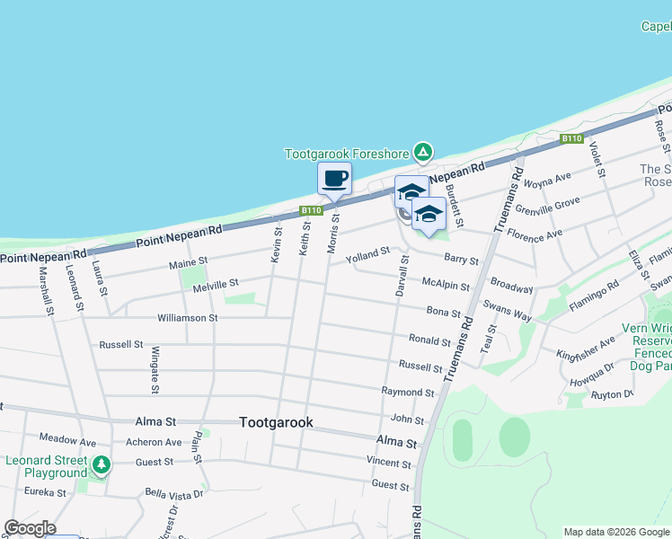 map of restaurants, bars, coffee shops, grocery stores, and more near 15 Morris Street in Tootgarook