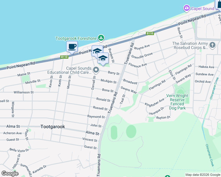 map of restaurants, bars, coffee shops, grocery stores, and more near 2 Bona Street in Tootgarook