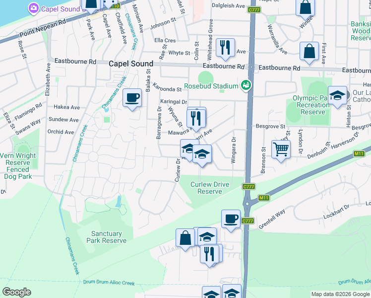 map of restaurants, bars, coffee shops, grocery stores, and more near 41 Tarwarri Avenue in Rosebud West