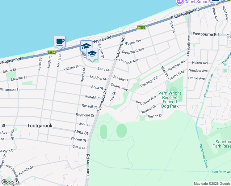 map of restaurants, bars, coffee shops, grocery stores, and more near 3 Teal Street in Rosebud West