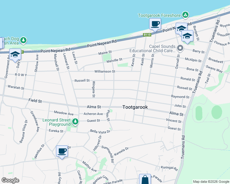 map of restaurants, bars, coffee shops, grocery stores, and more near 41 Plain Street in Tootgarook