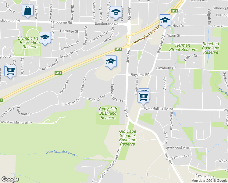 map of restaurants, bars, coffee shops, grocery stores, and more near 11 Inglewood Crescent in Rosebud