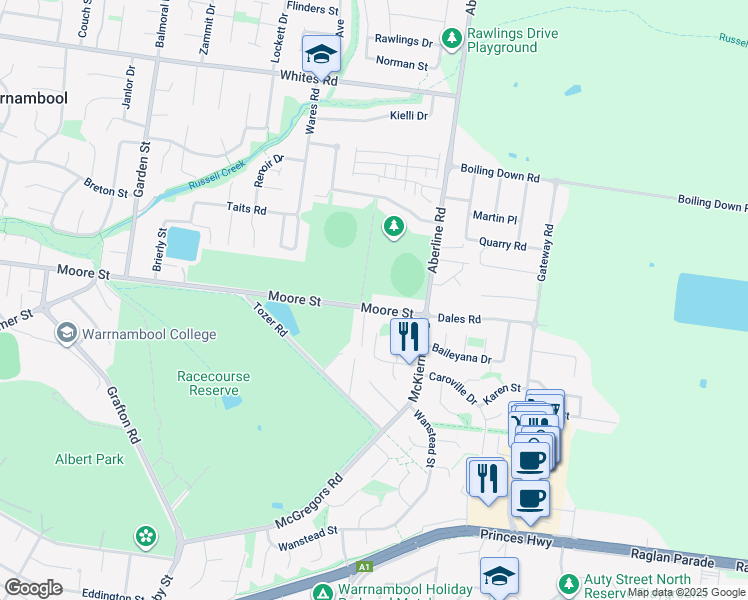 map of restaurants, bars, coffee shops, grocery stores, and more near 26 Moore Street in Warrnambool