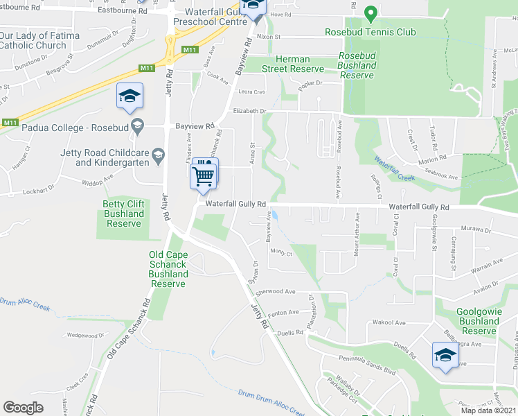 map of restaurants, bars, coffee shops, grocery stores, and more near 469 Waterfall Gully Road in Rosebud