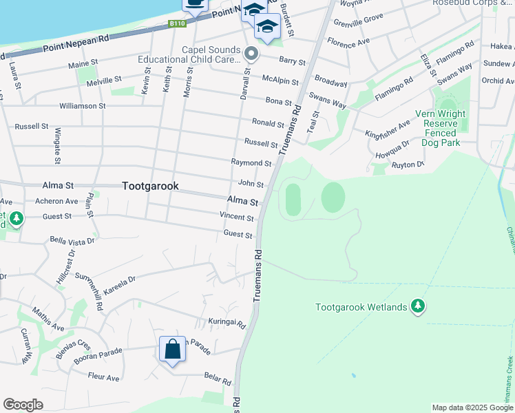 map of restaurants, bars, coffee shops, grocery stores, and more near 122 Truemans Road in Tootgarook