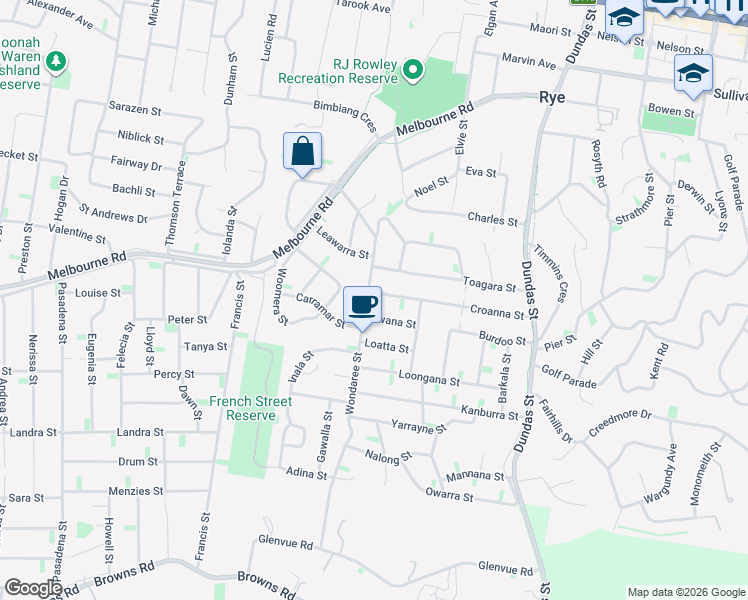 map of restaurants, bars, coffee shops, grocery stores, and more near 27 Wondaree Street in Rye