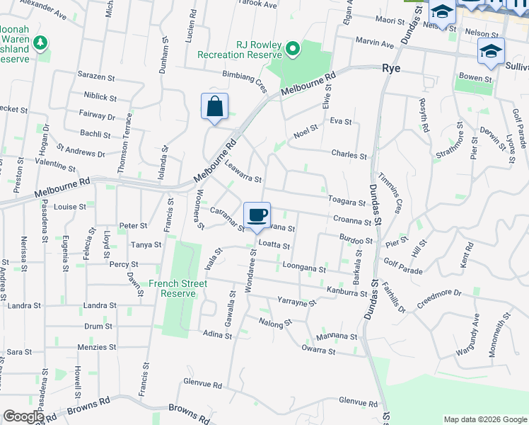 map of restaurants, bars, coffee shops, grocery stores, and more near 27 Wondaree Street in Rye