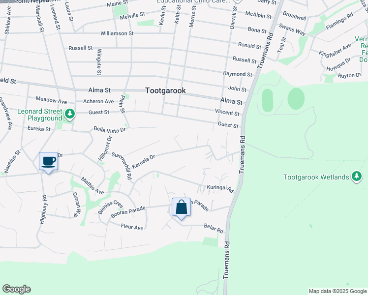 map of restaurants, bars, coffee shops, grocery stores, and more near 28 Kareela Drive in Tootgarook