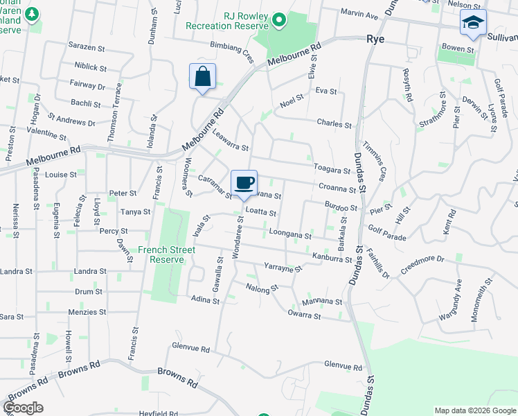 map of restaurants, bars, coffee shops, grocery stores, and more near 10 Loatta Street in Rye