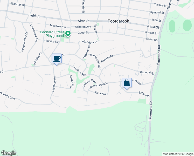 map of restaurants, bars, coffee shops, grocery stores, and more near 9 Mathis Avenue in Tootgarook