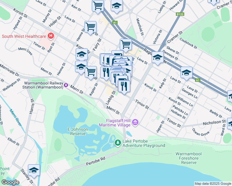 map of restaurants, bars, coffee shops, grocery stores, and more near 34-48 Liebig Street in Warrnambool