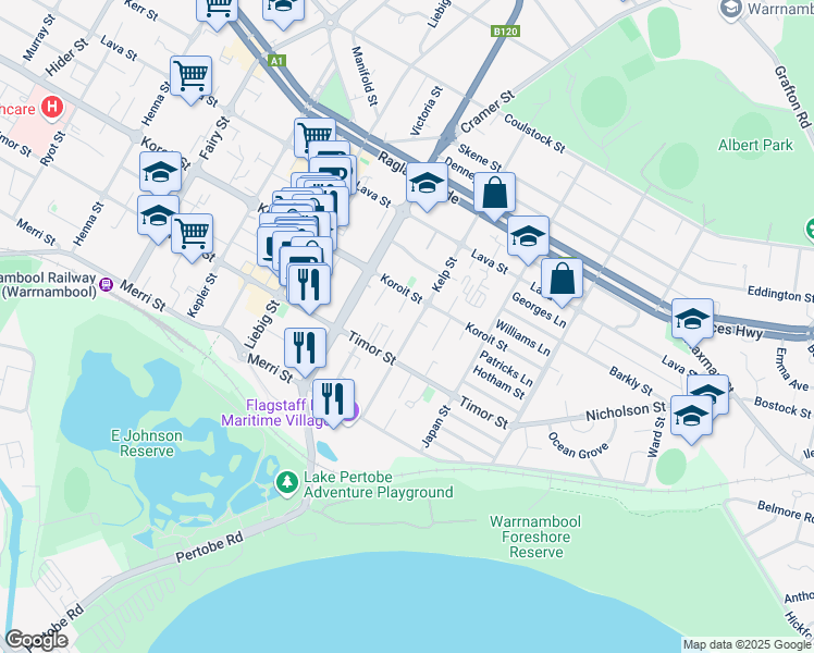 map of restaurants, bars, coffee shops, grocery stores, and more near 29 Kelp Street in Warrnambool
