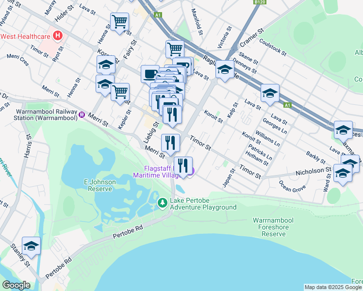 map of restaurants, bars, coffee shops, grocery stores, and more near 12 Banyan Street in Warrnambool