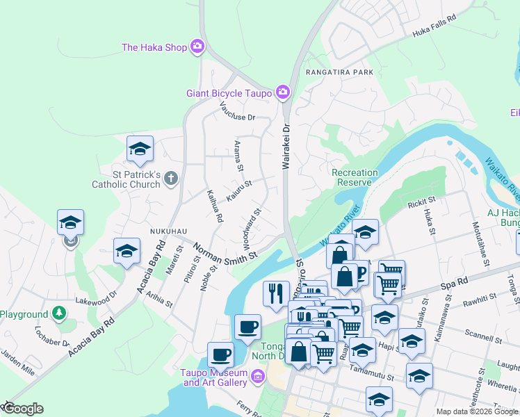 map of restaurants, bars, coffee shops, grocery stores, and more near in Taupō