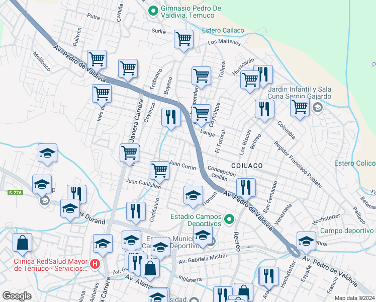 map of restaurants, bars, coffee shops, grocery stores, and more near 230 Juan Cayunao in Temuco