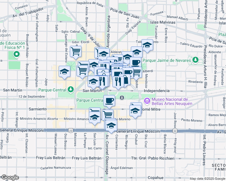 map of restaurants, bars, coffee shops, grocery stores, and more near 50 Independencia in Neuquén