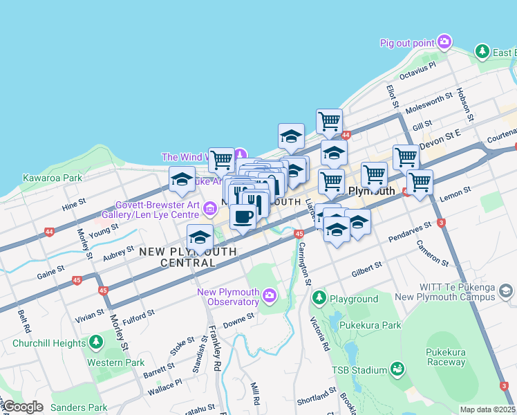 map of restaurants, bars, coffee shops, grocery stores, and more near 38 Devon Street West in New Plymouth
