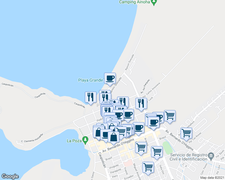 map of restaurants, bars, coffee shops, grocery stores, and more near 0470 Ramón Quezada in Pucon