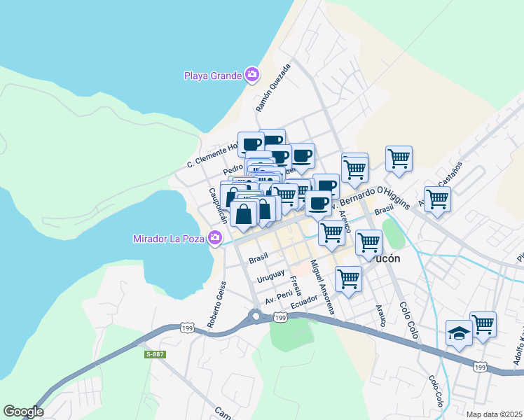 map of restaurants, bars, coffee shops, grocery stores, and more near 296 Lincoyán in Pucon