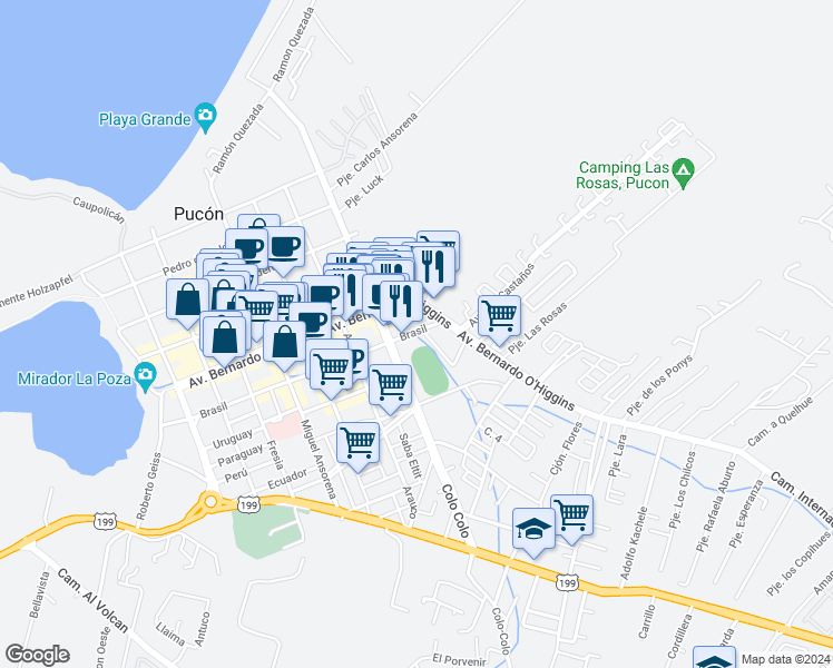map of restaurants, bars, coffee shops, grocery stores, and more near 4-8 Brasil in Pucon