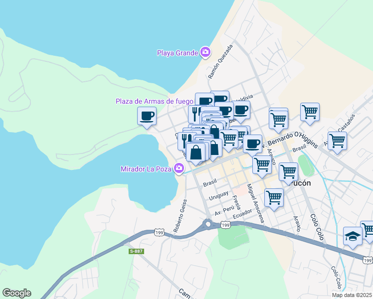 map of restaurants, bars, coffee shops, grocery stores, and more near 243 Caupolicán in Pucon