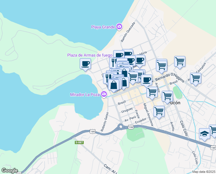 map of restaurants, bars, coffee shops, grocery stores, and more near 243 Caupolicán in Pucon